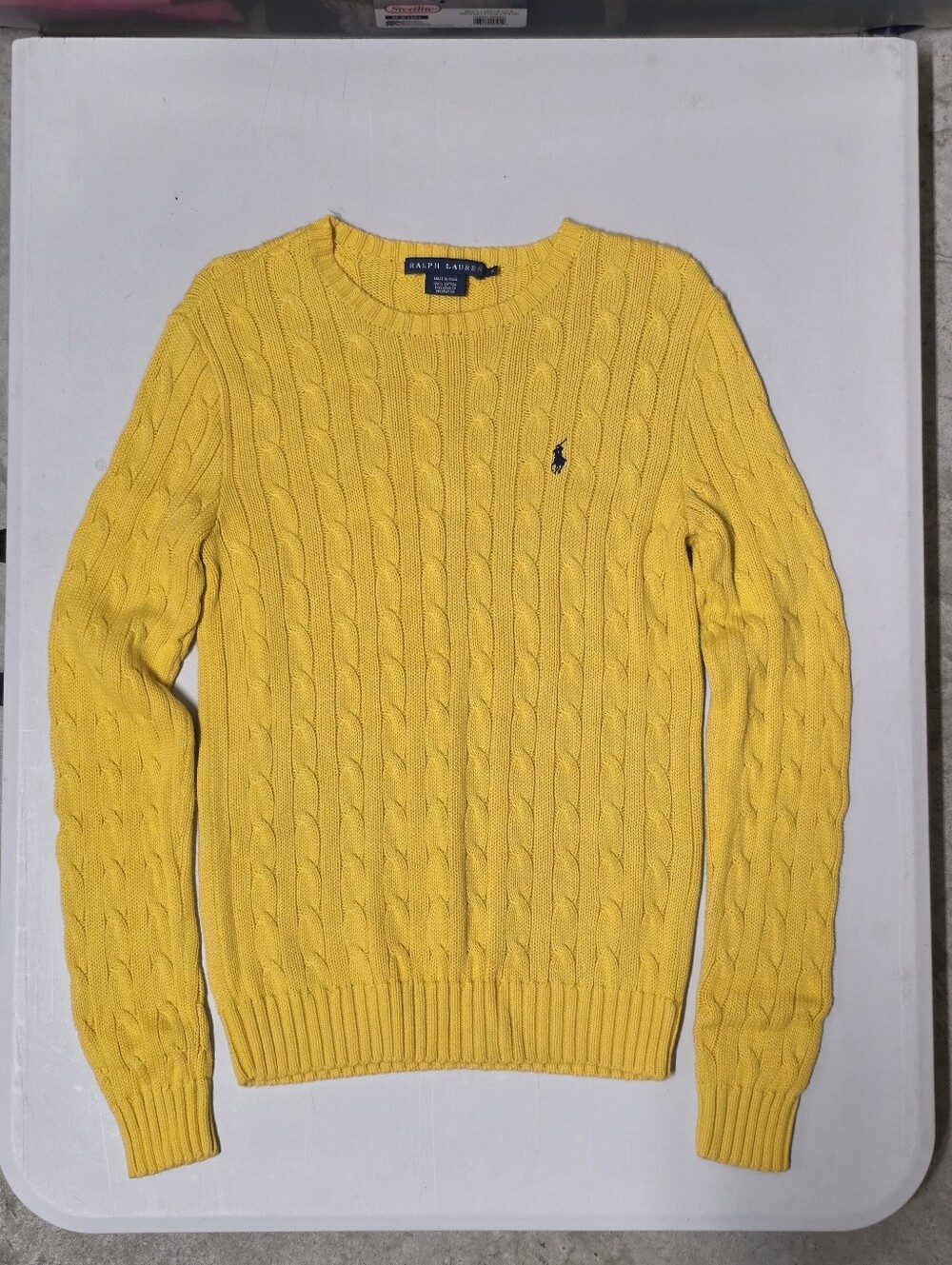 Ralph Lauren Yellow Cable-Knit Crewneck Pony Logo Cotton Pullover Sweater M